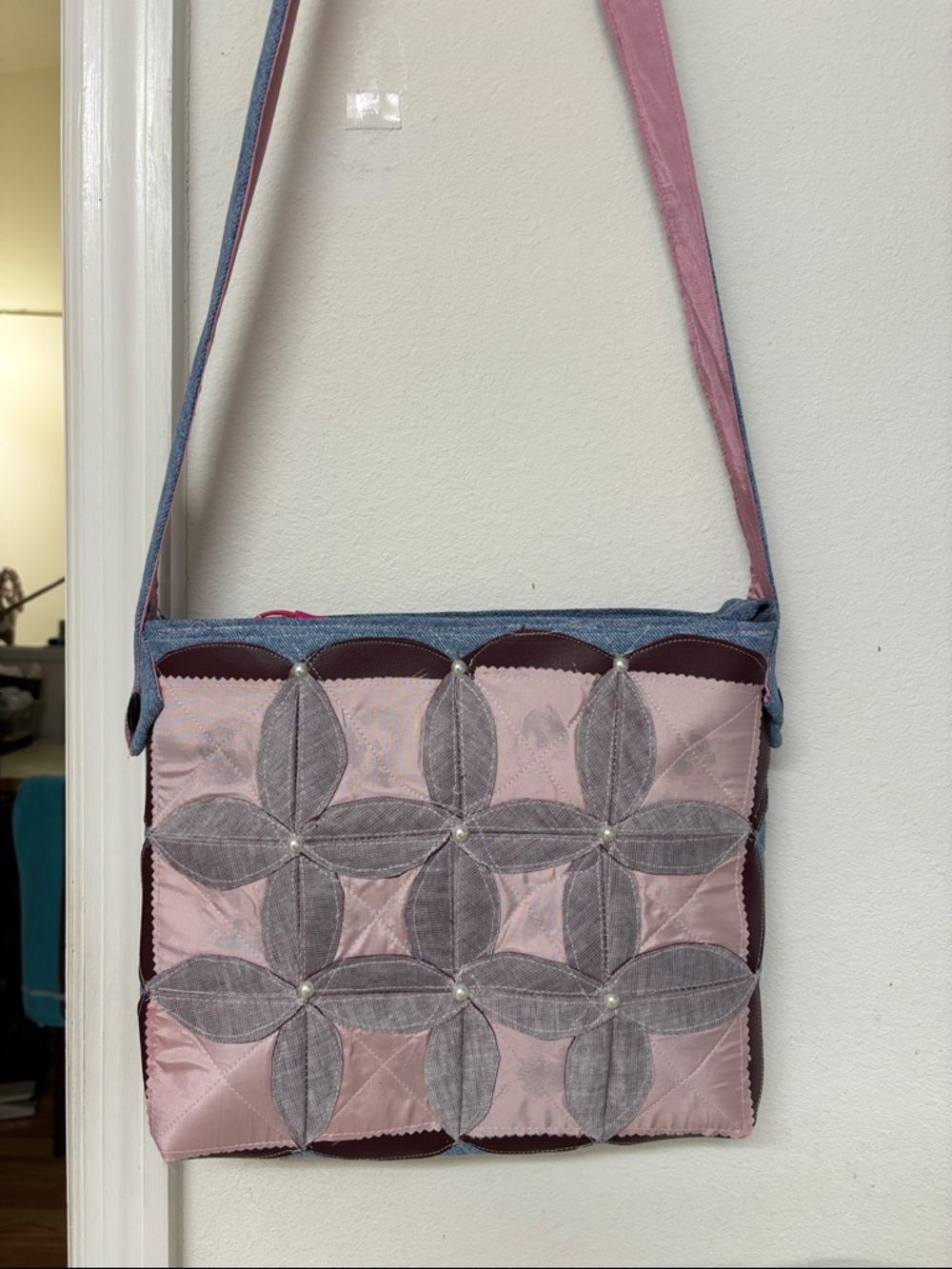 Unbranded Pink Patchwork Crossbody Bag with Denim Strap